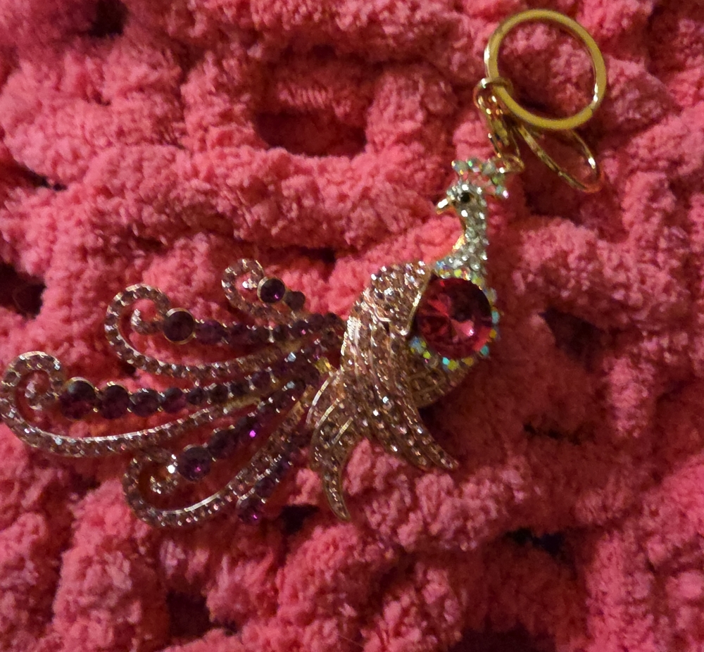 Rhinestone Peacock Keychain Charm in Pink